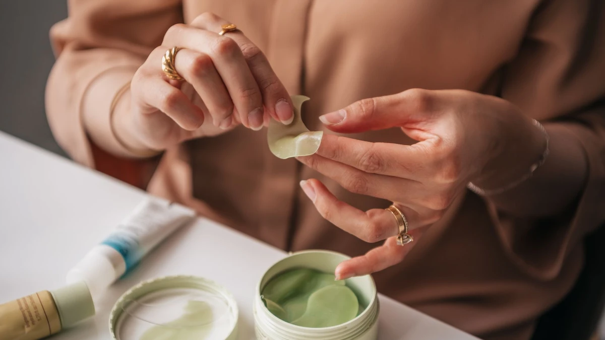 A woman applying green under eye patches for skincare routine
